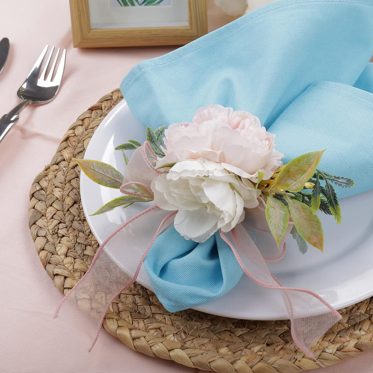 Flower Rose Napkin Rings Set of 4, Handmade Napkin Ring Holders Handcrafts Plant with Leaves Napkin Rings for Thanksgiving Day, Weddings, Family Dinners,Parties or Napkins (Pink Rose)