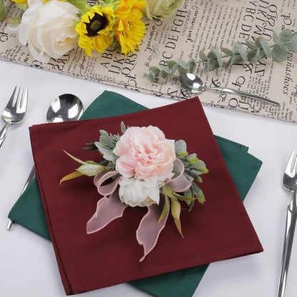Flower Rose Napkin Rings Set of 4, Handmade Napkin Ring Holders Handcrafts Plant with Leaves Napkin Rings for Thanksgiving Day, Weddings, Family Dinners,Parties or Napkins (Pink Rose)