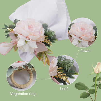 Flower Rose Napkin Rings Set of 4, Handmade Napkin Ring Holders Handcrafts Plant with Leaves Napkin Rings for Thanksgiving Day, Weddings, Family Dinners,Parties or Napkins (Pink Rose)