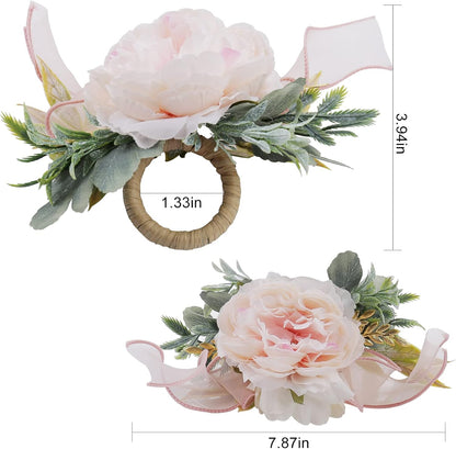 Flower Rose Napkin Rings Set of 4, Handmade Napkin Ring Holders Handcrafts Plant with Leaves Napkin Rings for Thanksgiving Day, Weddings, Family Dinners,Parties or Napkins (Pink Rose)