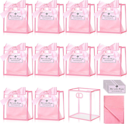 12 Pack Small Clear Gift Bags with Handles Bulk 4 x 2.8 x 4.5'' Mini Transparent Plastic Gift Bag Tiny Goodie Bag with Ribbon Tissue Paper for Wedding Birthday Shower Party Favor(Pink)