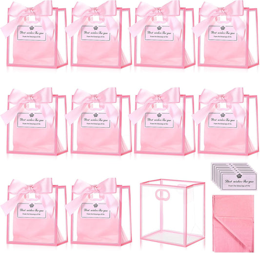 12 Pack Small Clear Gift Bags with Handles Bulk 4 x 2.8 x 4.5'' Mini Transparent Plastic Gift Bag Tiny Goodie Bag with Ribbon Tissue Paper for Wedding Birthday Shower Party Favor(Pink)