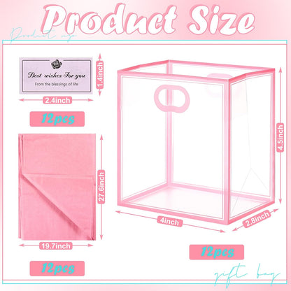 12 Pack Small Clear Gift Bags with Handles Bulk 4 x 2.8 x 4.5'' Mini Transparent Plastic Gift Bag Tiny Goodie Bag with Ribbon Tissue Paper for Wedding Birthday Shower Party Favor(Pink)