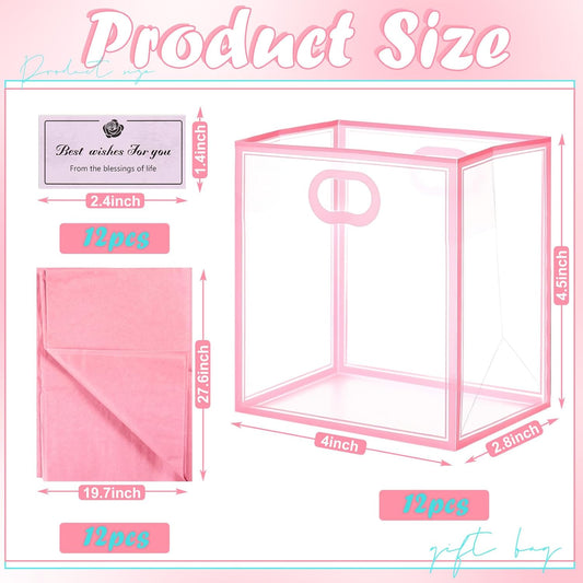 12 Pack Small Clear Gift Bags with Handles Bulk 4 x 2.8 x 4.5'' Mini Transparent Plastic Gift Bag Tiny Goodie Bag with Ribbon Tissue Paper for Wedding Birthday Shower Party Favor(Pink)