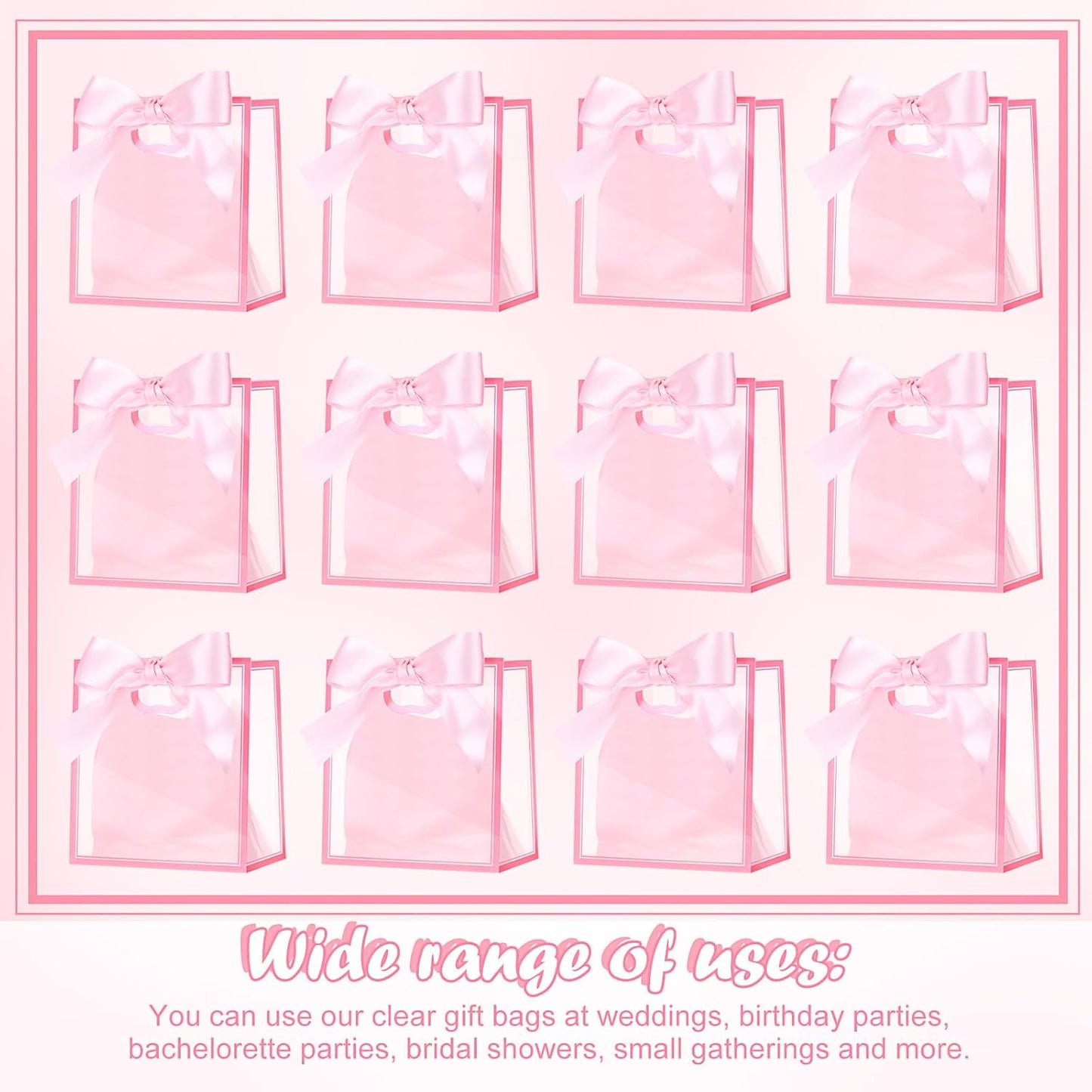 12 Pack Small Clear Gift Bags with Handles Bulk 4 x 2.8 x 4.5'' Mini Transparent Plastic Gift Bag Tiny Goodie Bag with Ribbon Tissue Paper for Wedding Birthday Shower Party Favor(Pink)