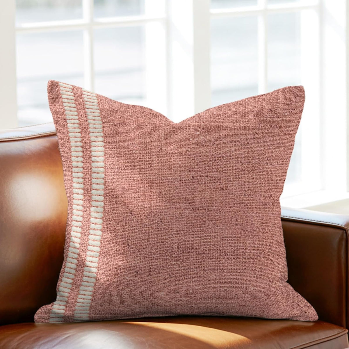 Peach Pink Texture Pillow Covers 26x26 Inch Decorative Throw Pillow Cover, Country Farmhouse Burlap Stripes Sofa Pillowcases Accent Cushion Case Home Decor Bedroom Living Room