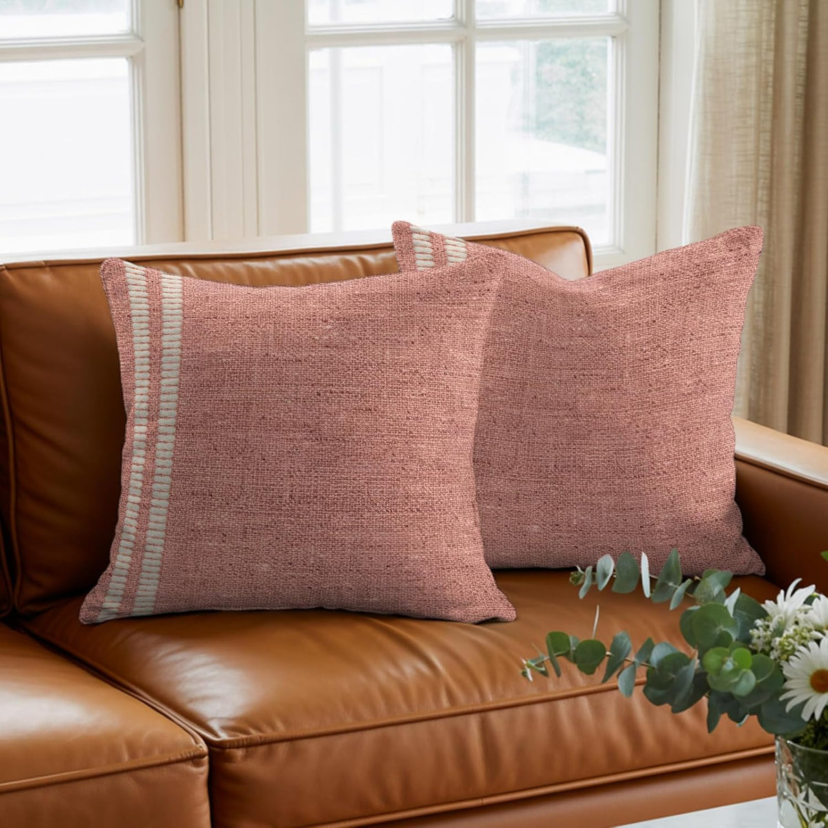 Peach Pink Texture Pillow Covers 26x26 Inch Decorative Throw Pillow Cover, Country Farmhouse Burlap Stripes Sofa Pillowcases Accent Cushion Case Home Decor Bedroom Living Room