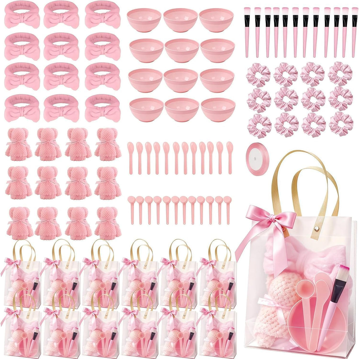 97 Pcs Spa Party Favors Sleepover Party Supplies Include Bow Headband Scrunchies Gift Bag Face Mask Mixing Bowl Set Face Wash Cloths for Spa Sleepover Birthday Party Women Bridesmaid Return Gifts