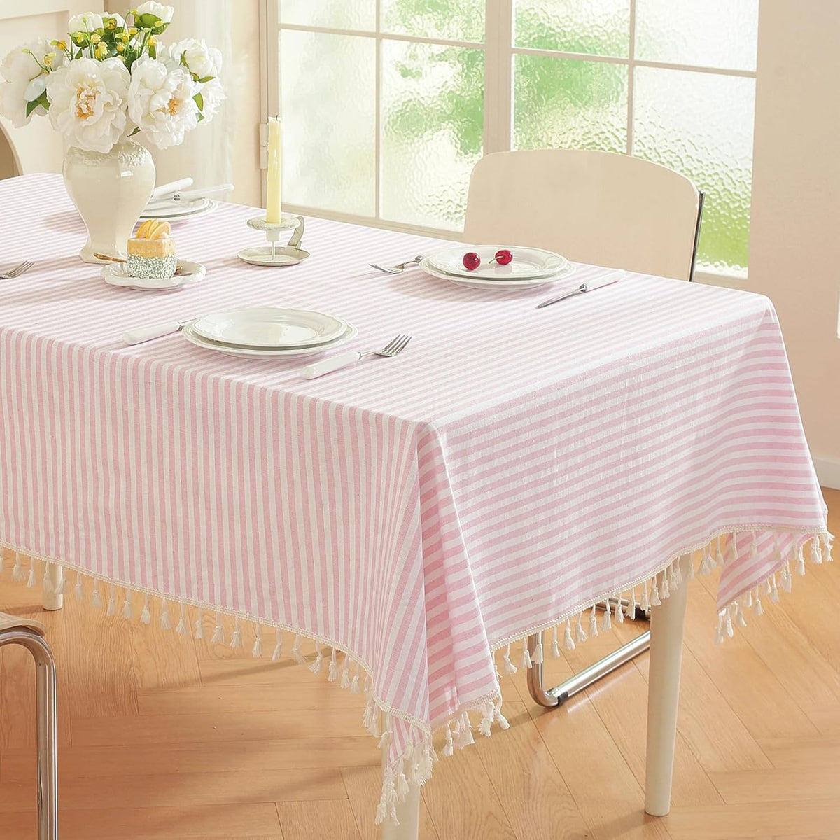 Striped Rectangle Tablecloth, Cotton Blend Fabric Pink Table Cloth with Tassel, Washable Wrinkle Free Table Cover Boho Picnic Tablecloths for Valentines Day Kitchen Dining - 60 x 120 Inch