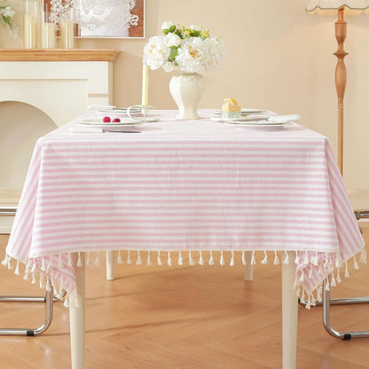 Striped Rectangle Tablecloth, Cotton Blend Fabric Pink Table Cloth with Tassel, Washable Wrinkle Free Table Cover Boho Picnic Tablecloths for Valentines Day Kitchen Dining - 60 x 120 Inch