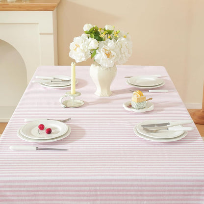 Striped Rectangle Tablecloth, Cotton Blend Fabric Pink Table Cloth with Tassel, Washable Wrinkle Free Table Cover Boho Picnic Tablecloths for Valentines Day Kitchen Dining - 60 x 120 Inch