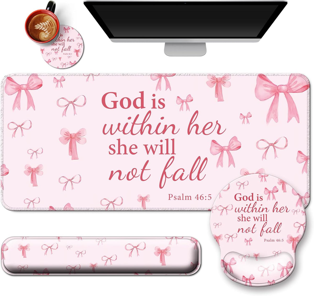 4 in 1 Mouse Pad Set with Wrist Rest for Keyboard,Desk Mat,Coaster-Pink Bow