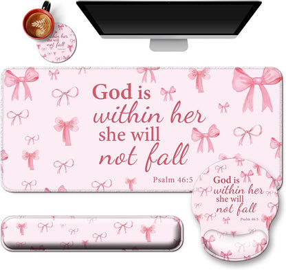 4 in 1 Mouse Pad Set with Wrist Rest for Keyboard,Desk Mat,Coaster-Pink Bow