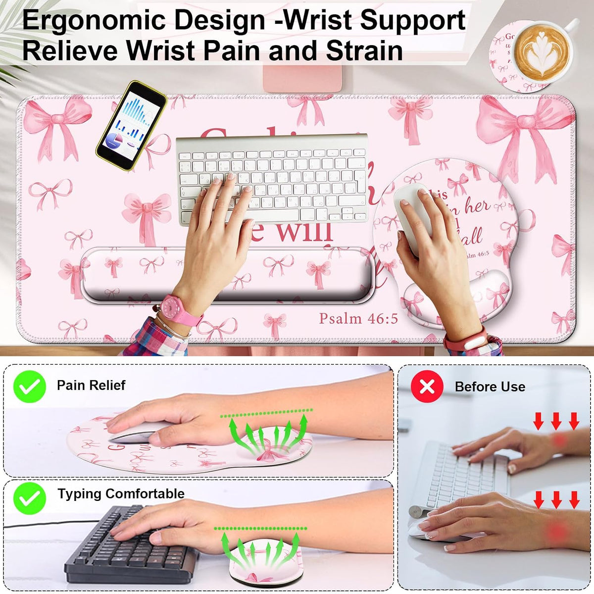4 in 1 Mouse Pad Set with Wrist Rest for Keyboard,Desk Mat,Coaster-Pink Bow