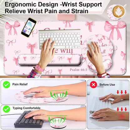 4 in 1 Mouse Pad Set with Wrist Rest for Keyboard,Desk Mat,Coaster-Pink Bow