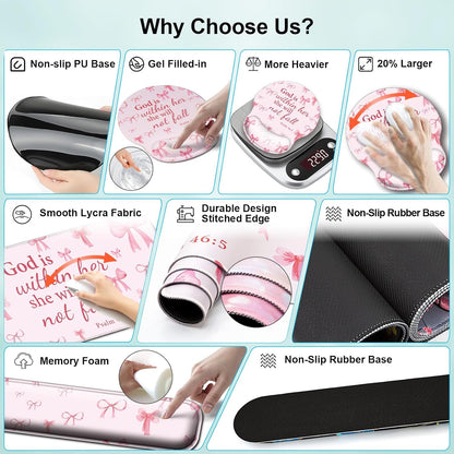 4 in 1 Mouse Pad Set with Wrist Rest for Keyboard,Desk Mat,Coaster-Pink Bow