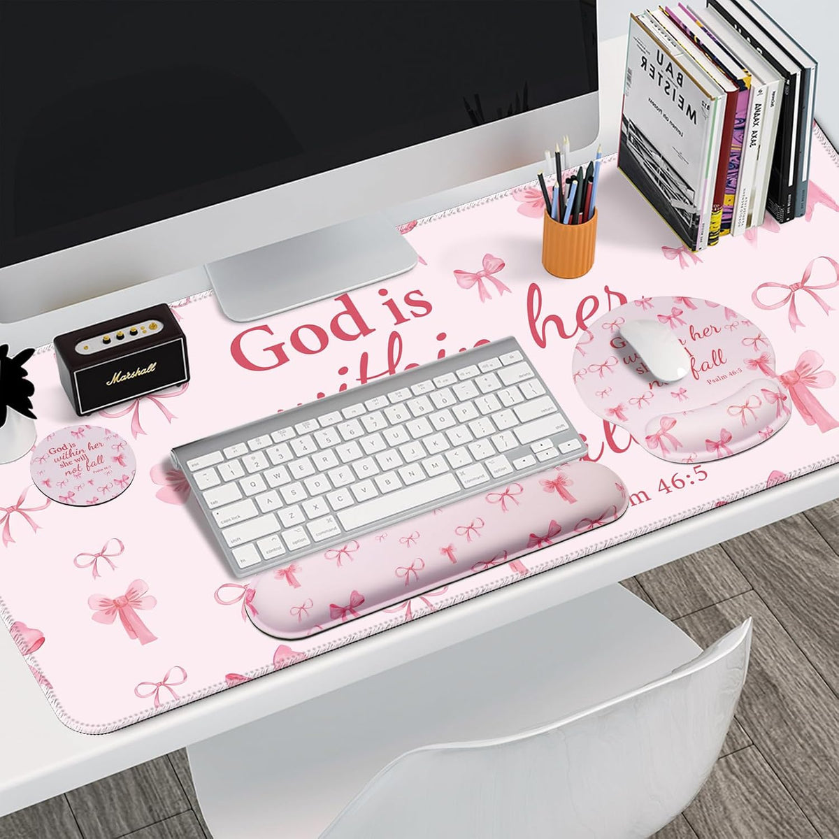 4 in 1 Mouse Pad Set with Wrist Rest for Keyboard,Desk Mat,Coaster-Pink Bow
