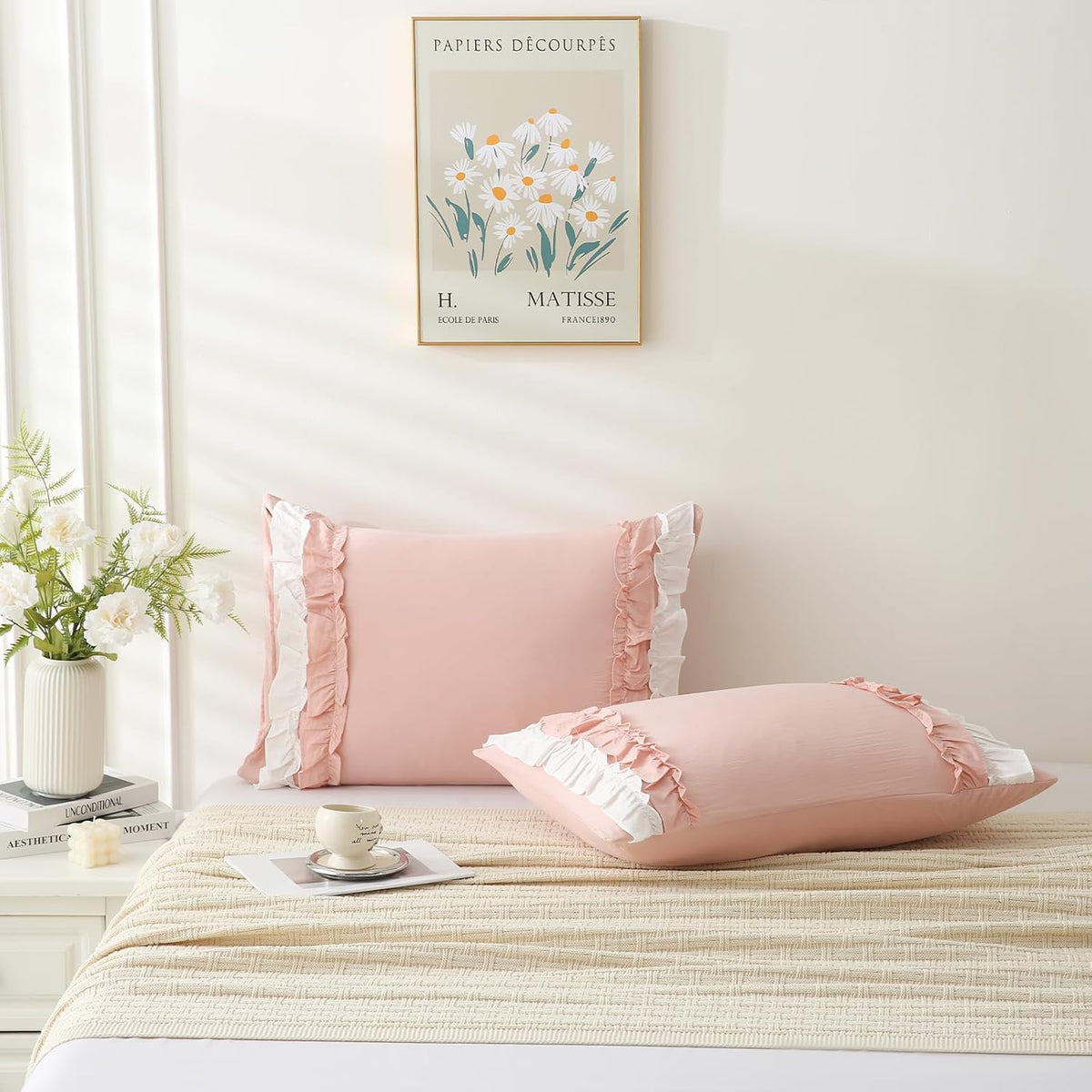 Pink Pillowcase King Size 2 Pack,White Ruffle Pillow Shams,20x36 inches Chic Boho Beige Pillowcases,French Country Vintage Ruffled Cute Pillowcovers Set of 2 Soft Microfiber