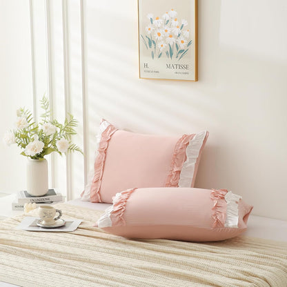Pink Pillowcase King Size 2 Pack,White Ruffle Pillow Shams,20x36 inches Chic Boho Beige Pillowcases,French Country Vintage Ruffled Cute Pillowcovers Set of 2 Soft Microfiber
