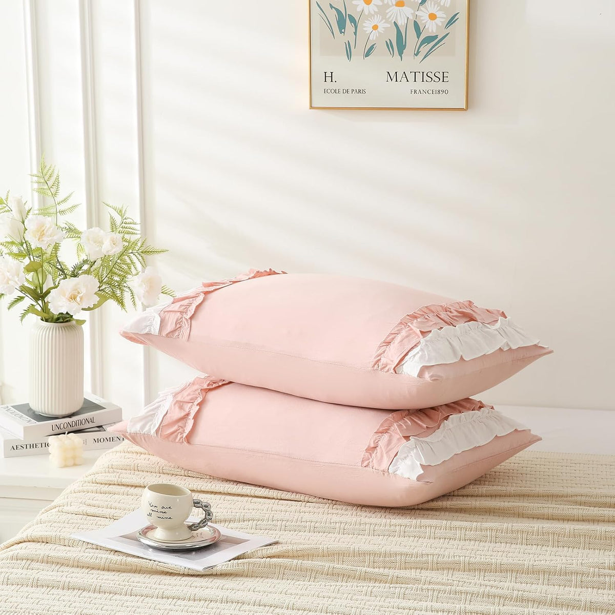 Pink Pillowcase King Size 2 Pack,White Ruffle Pillow Shams,20x36 inches Chic Boho Beige Pillowcases,French Country Vintage Ruffled Cute Pillowcovers Set of 2 Soft Microfiber