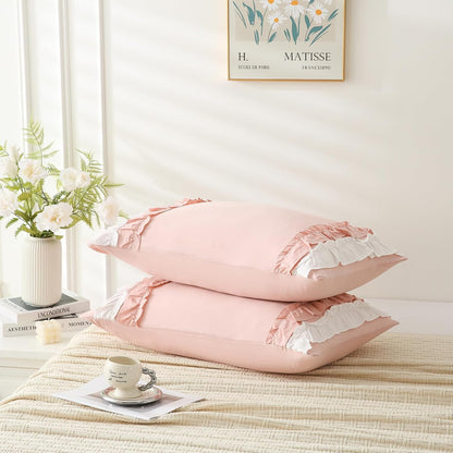 Pink Pillowcase King Size 2 Pack,White Ruffle Pillow Shams,20x36 inches Chic Boho Beige Pillowcases,French Country Vintage Ruffled Cute Pillowcovers Set of 2 Soft Microfiber
