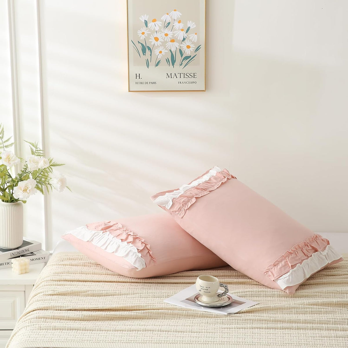 Pink Pillowcase King Size 2 Pack,White Ruffle Pillow Shams,20x36 inches Chic Boho Beige Pillowcases,French Country Vintage Ruffled Cute Pillowcovers Set of 2 Soft Microfiber