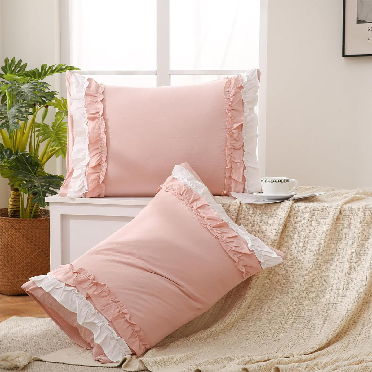 Pink Pillowcase King Size 2 Pack,White Ruffle Pillow Shams,20x36 inches Chic Boho Beige Pillowcases,French Country Vintage Ruffled Cute Pillowcovers Set of 2 Soft Microfiber