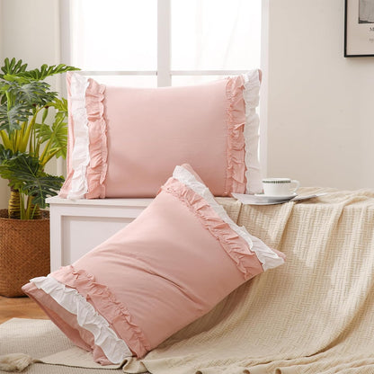 Pink Pillowcase King Size 2 Pack,White Ruffle Pillow Shams,20x36 inches Chic Boho Beige Pillowcases,French Country Vintage Ruffled Cute Pillowcovers Set of 2 Soft Microfiber