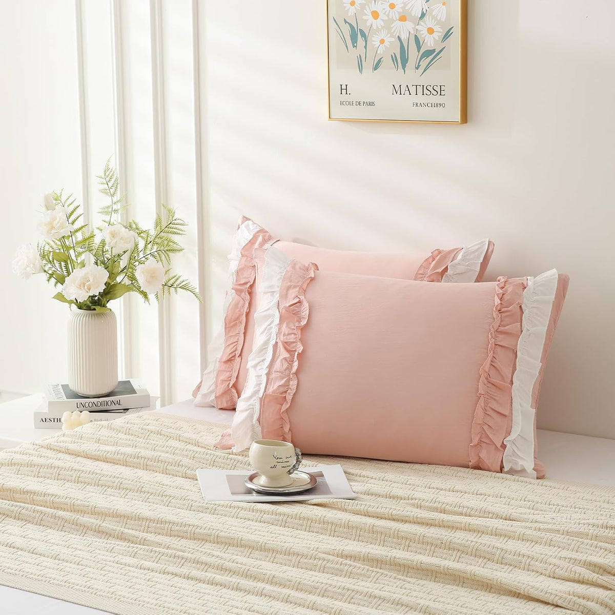 Pink Pillowcase King Size 2 Pack,White Ruffle Pillow Shams,20x36 inches Chic Boho Beige Pillowcases,French Country Vintage Ruffled Cute Pillowcovers Set of 2 Soft Microfiber