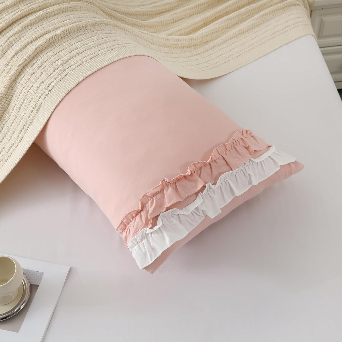 Pink Pillowcase King Size 2 Pack,White Ruffle Pillow Shams,20x36 inches Chic Boho Beige Pillowcases,French Country Vintage Ruffled Cute Pillowcovers Set of 2 Soft Microfiber