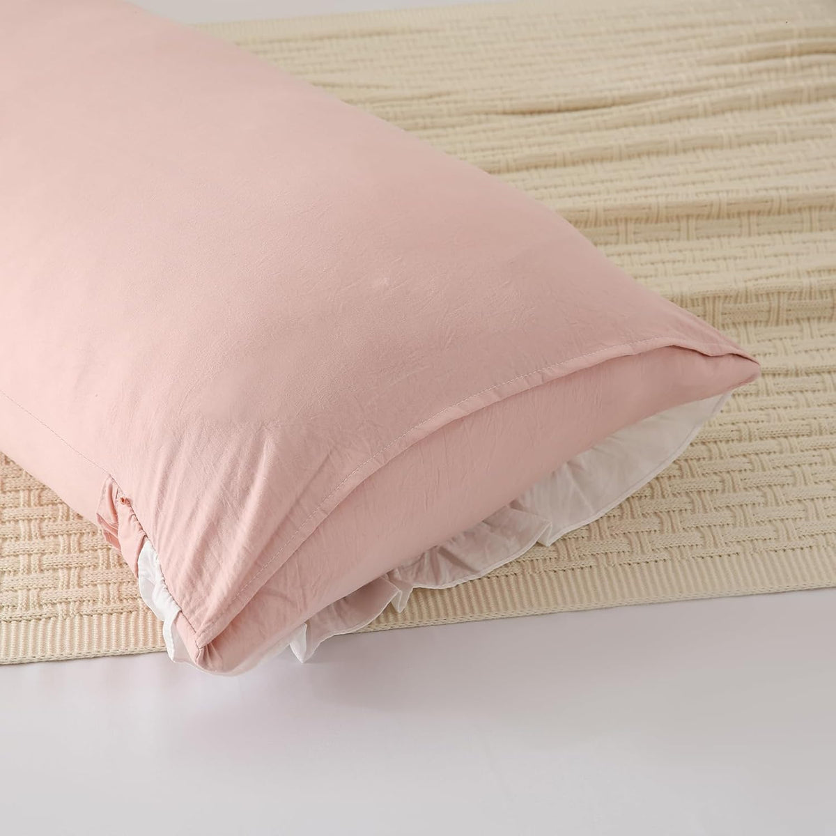 Pink Pillowcase King Size 2 Pack,White Ruffle Pillow Shams,20x36 inches Chic Boho Beige Pillowcases,French Country Vintage Ruffled Cute Pillowcovers Set of 2 Soft Microfiber