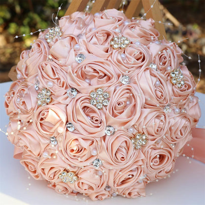 Bridal Wedding Bouquet Handmade Satin Rose Artificial Flower Bouquet for Bride Bridesmaid Holding Toss Round Wedding Bouquets Sparkling Rhinestone Brooch Crystals Blush Pink 8.7"