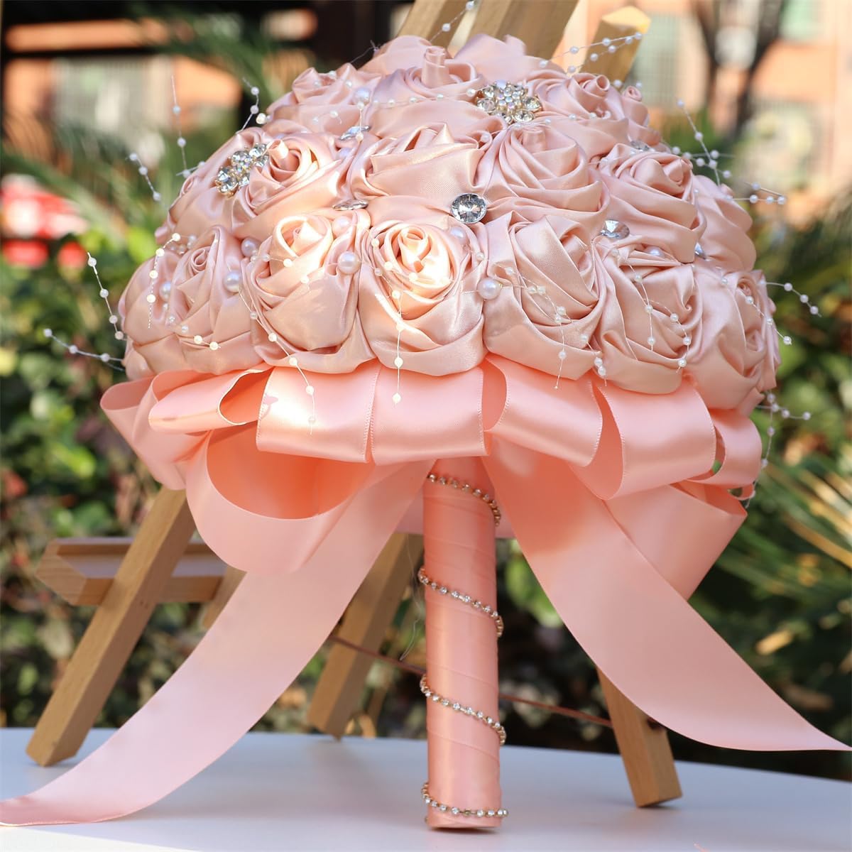 Bridal Wedding Bouquet Handmade Satin Rose Artificial Flower Bouquet for Bride Bridesmaid Holding Toss Round Wedding Bouquets Sparkling Rhinestone Brooch Crystals Blush Pink 8.7"