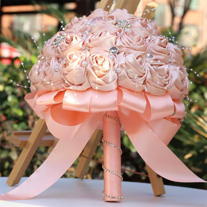 Bridal Wedding Bouquet Handmade Satin Rose Artificial Flower Bouquet for Bride Bridesmaid Holding Toss Round Wedding Bouquets Sparkling Rhinestone Brooch Crystals Blush Pink 8.7"
