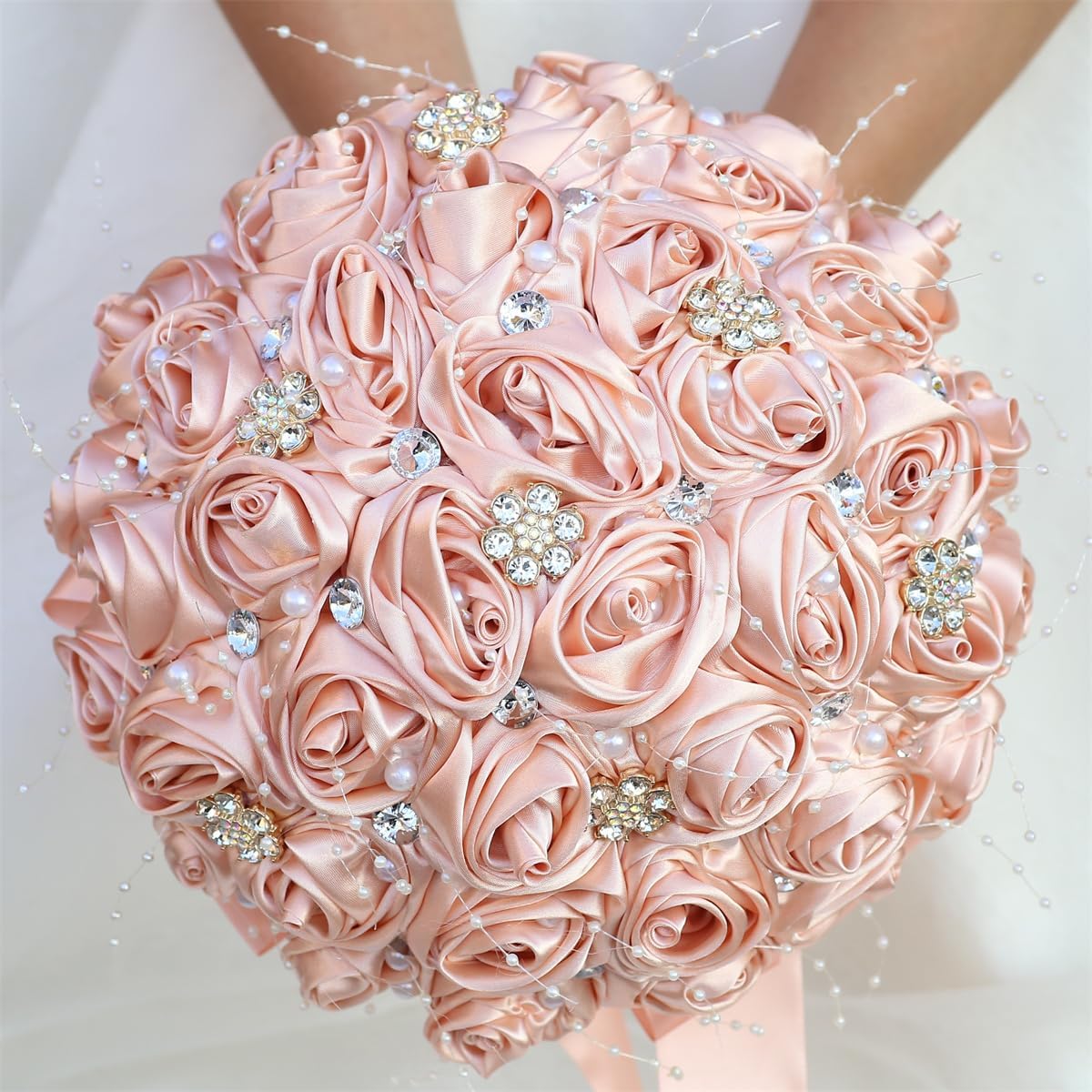 Bridal Wedding Bouquet Handmade Satin Rose Artificial Flower Bouquet for Bride Bridesmaid Holding Toss Round Wedding Bouquets Sparkling Rhinestone Brooch Crystals Blush Pink 8.7"