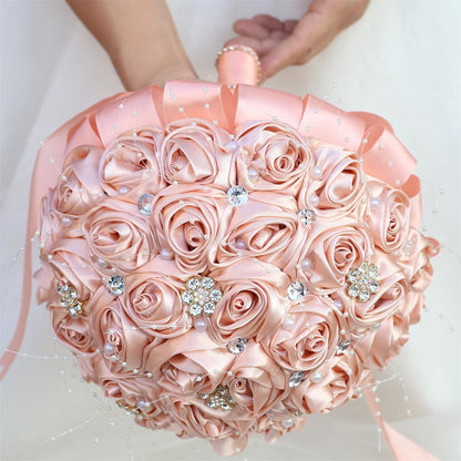 Bridal Wedding Bouquet Handmade Satin Rose Artificial Flower Bouquet for Bride Bridesmaid Holding Toss Round Wedding Bouquets Sparkling Rhinestone Brooch Crystals Blush Pink 8.7"