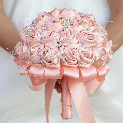 Bridal Wedding Bouquet Handmade Satin Rose Artificial Flower Bouquet for Bride Bridesmaid Holding Toss Round Wedding Bouquets Sparkling Rhinestone Brooch Crystals Blush Pink 8.7"