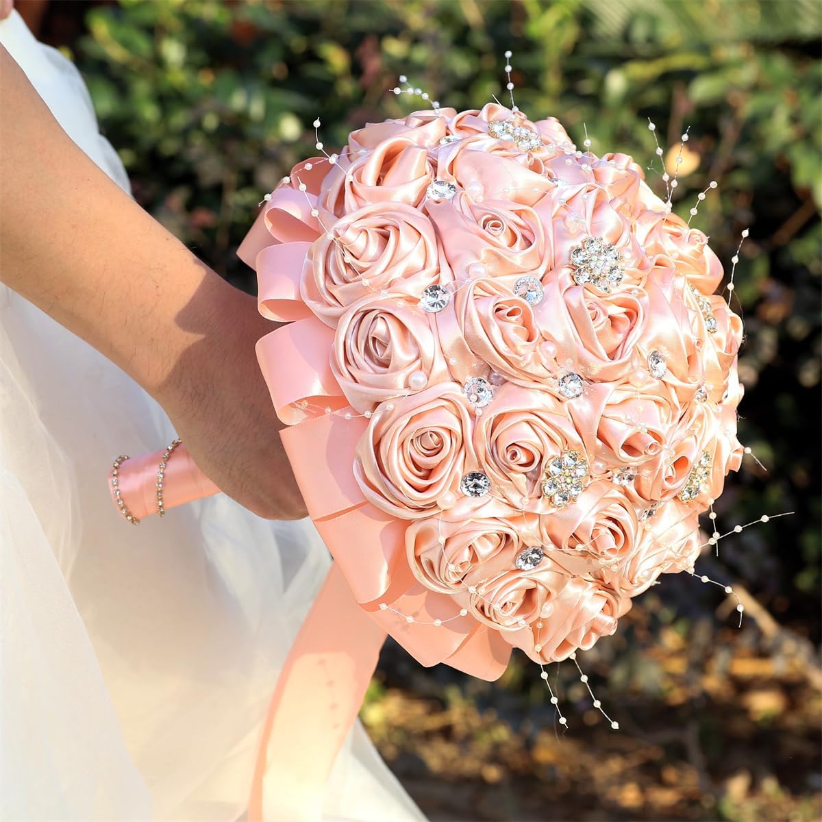Bridal Wedding Bouquet Handmade Satin Rose Artificial Flower Bouquet for Bride Bridesmaid Holding Toss Round Wedding Bouquets Sparkling Rhinestone Brooch Crystals Blush Pink 8.7"