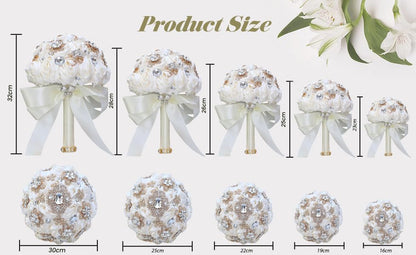 Bridal Wedding Bouquet Handmade Satin Rose Artificial Flower Bouquet for Bride Bridesmaid Holding Toss Round Wedding Bouquets Sparkling Rhinestone Brooch Crystals Blush Pink 8.7"