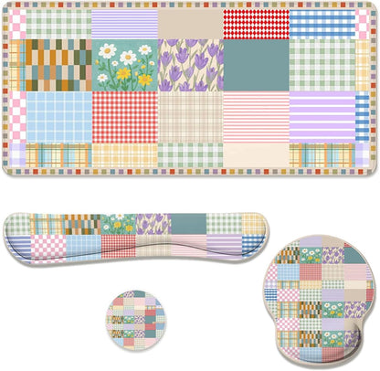 Girlcore Patchwork Desk Mat Set Pink Pastel Plaid Floral Large Mouse Pad with Wrist Rest 4in1 Desk Mat for Desktop Ergonomic Computer Desk Arm Wrist Anti-Slip Computer Mouse Pad Home Office Gaming