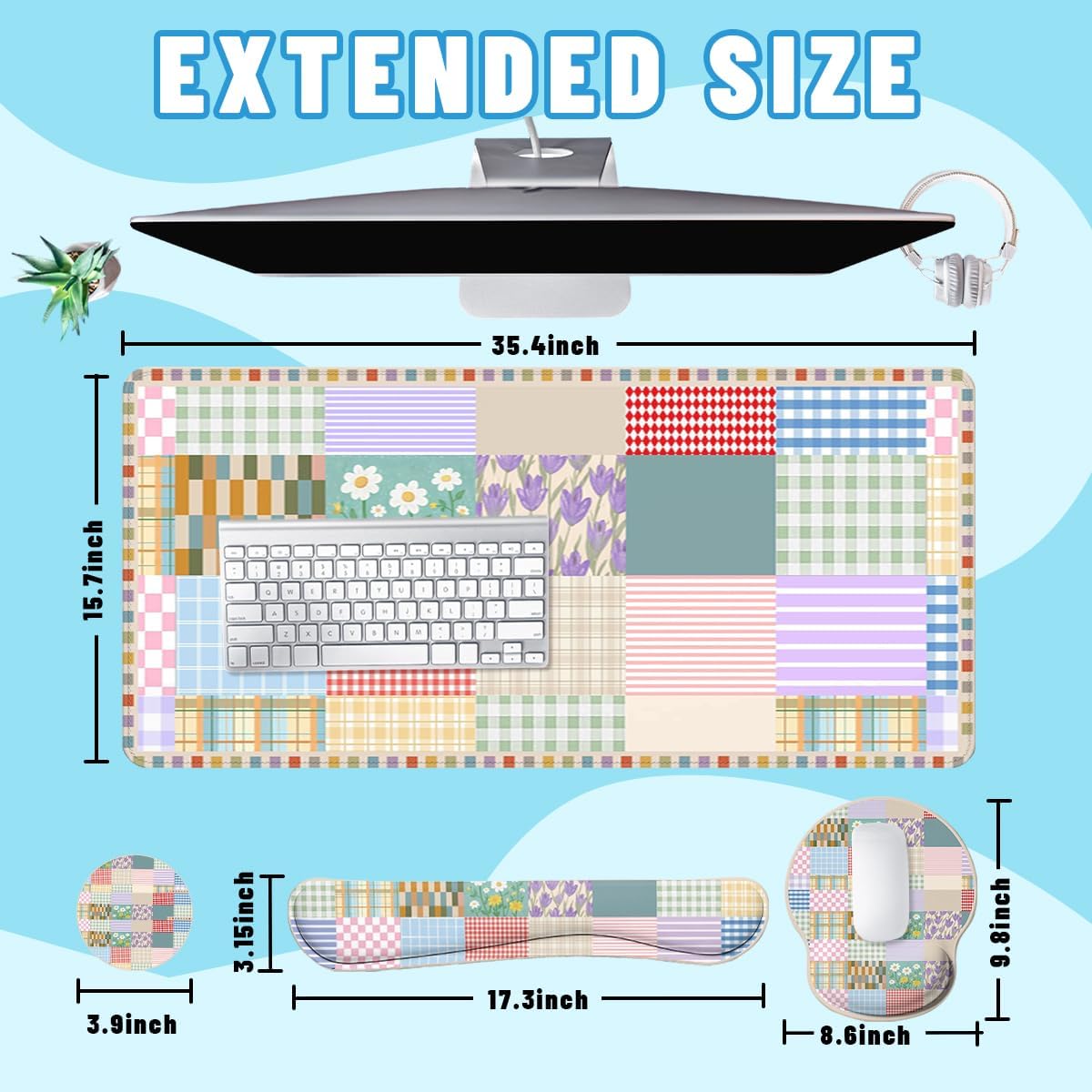 Girlcore Patchwork Desk Mat Set Pink Pastel Plaid Floral Large Mouse Pad with Wrist Rest 4in1 Desk Mat for Desktop Ergonomic Computer Desk Arm Wrist Anti-Slip Computer Mouse Pad Home Office Gaming