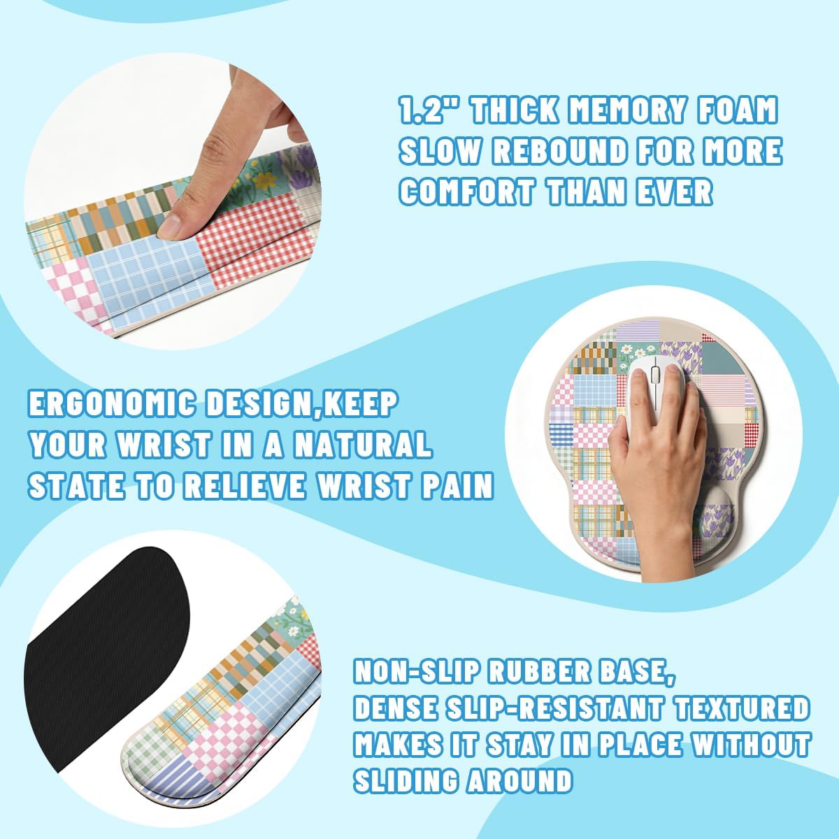 Girlcore Patchwork Desk Mat Set Pink Pastel Plaid Floral Large Mouse Pad with Wrist Rest 4in1 Desk Mat for Desktop Ergonomic Computer Desk Arm Wrist Anti-Slip Computer Mouse Pad Home Office Gaming