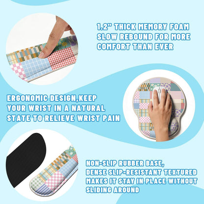 Girlcore Patchwork Desk Mat Set Pink Pastel Plaid Floral Large Mouse Pad with Wrist Rest 4in1 Desk Mat for Desktop Ergonomic Computer Desk Arm Wrist Anti-Slip Computer Mouse Pad Home Office Gaming