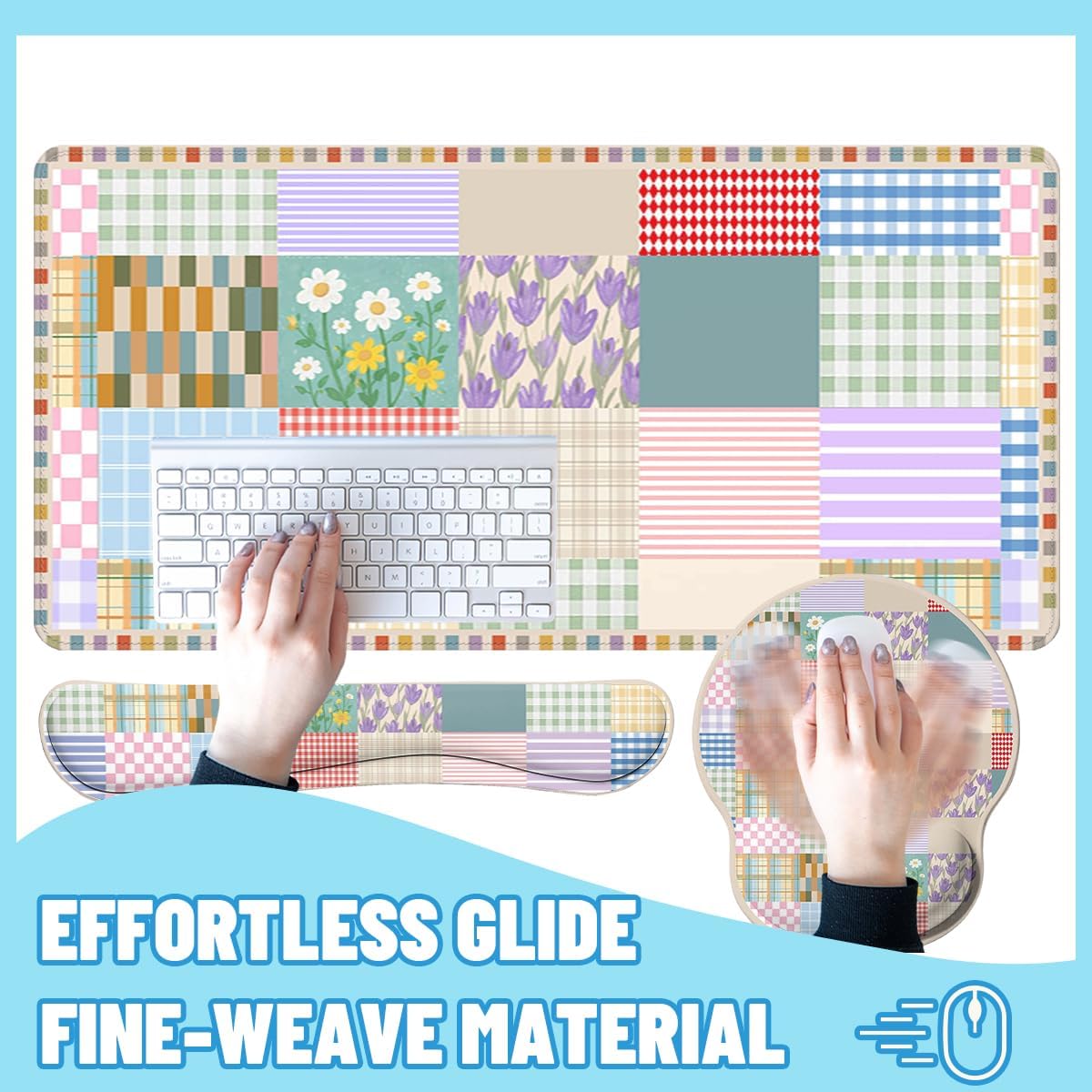 Girlcore Patchwork Desk Mat Set Pink Pastel Plaid Floral Large Mouse Pad with Wrist Rest 4in1 Desk Mat for Desktop Ergonomic Computer Desk Arm Wrist Anti-Slip Computer Mouse Pad Home Office Gaming