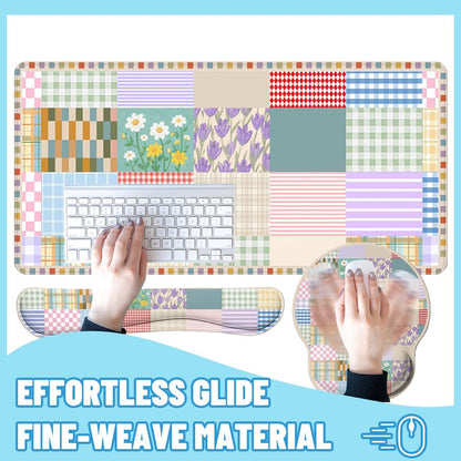 Girlcore Patchwork Desk Mat Set Pink Pastel Plaid Floral Large Mouse Pad with Wrist Rest 4in1 Desk Mat for Desktop Ergonomic Computer Desk Arm Wrist Anti-Slip Computer Mouse Pad Home Office Gaming