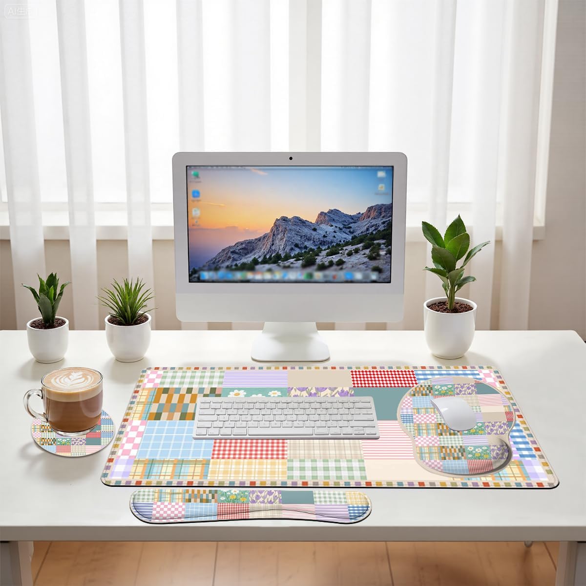 Girlcore Patchwork Desk Mat Set Pink Pastel Plaid Floral Large Mouse Pad with Wrist Rest 4in1 Desk Mat for Desktop Ergonomic Computer Desk Arm Wrist Anti-Slip Computer Mouse Pad Home Office Gaming
