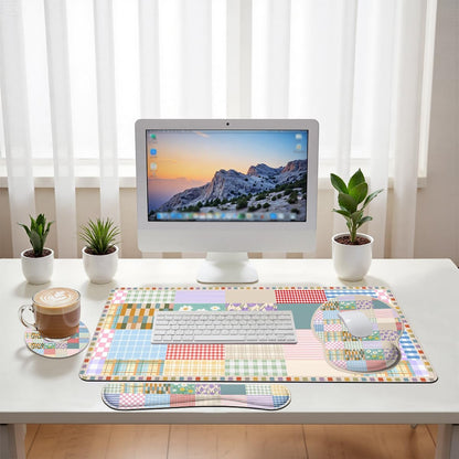 Girlcore Patchwork Desk Mat Set Pink Pastel Plaid Floral Large Mouse Pad with Wrist Rest 4in1 Desk Mat for Desktop Ergonomic Computer Desk Arm Wrist Anti-Slip Computer Mouse Pad Home Office Gaming