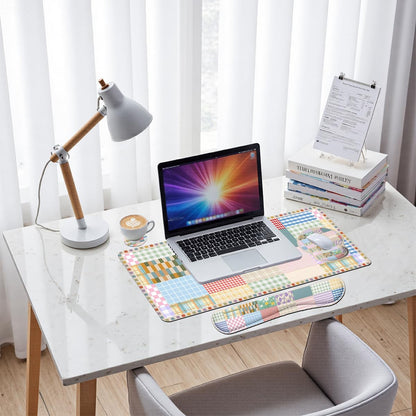 Girlcore Patchwork Desk Mat Set Pink Pastel Plaid Floral Large Mouse Pad with Wrist Rest 4in1 Desk Mat for Desktop Ergonomic Computer Desk Arm Wrist Anti-Slip Computer Mouse Pad Home Office Gaming