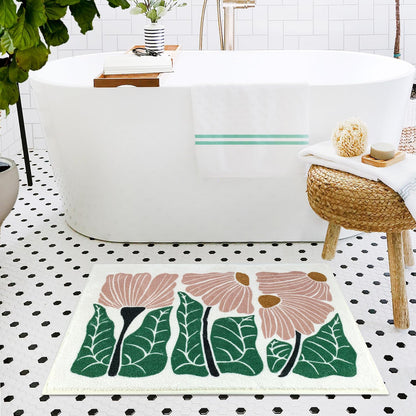 SHIYUE Cute Flower Bath Mat for Bathroom Rugs, Ultra Soft and Fluffy Microfiber Water Absorption Non Slip Mat for Bedroom Kitchen Bathroom Toilet Floors(18"×26" Pink)