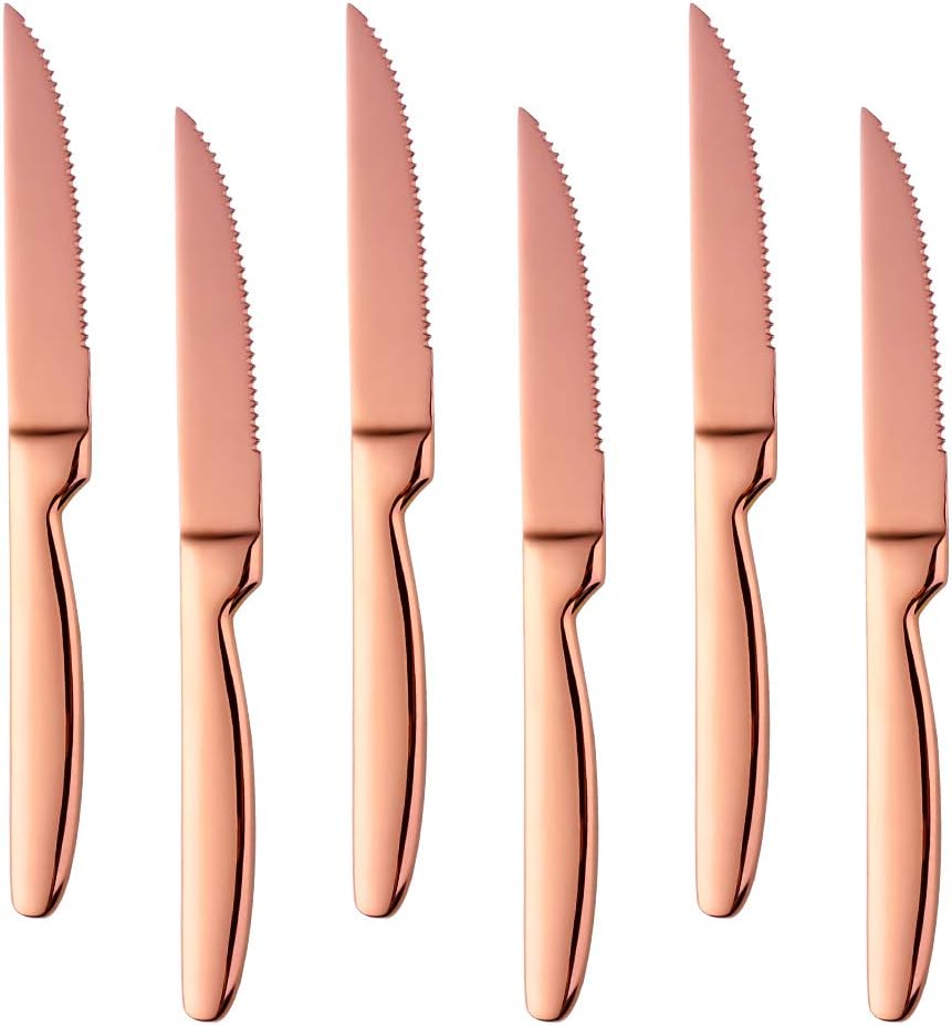 Stainless Steel Serrated Steak Knife Set of 6, Rose Gold Color Heavy Duty Dinner Table Knives for Cutting Meat, Beef, 8.6 Inch, Dishwasher Safe